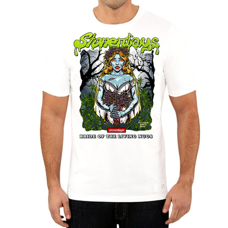 StonerDays Bride Of The Living Nugs White Tee front view on male model, sizes S to 3XL