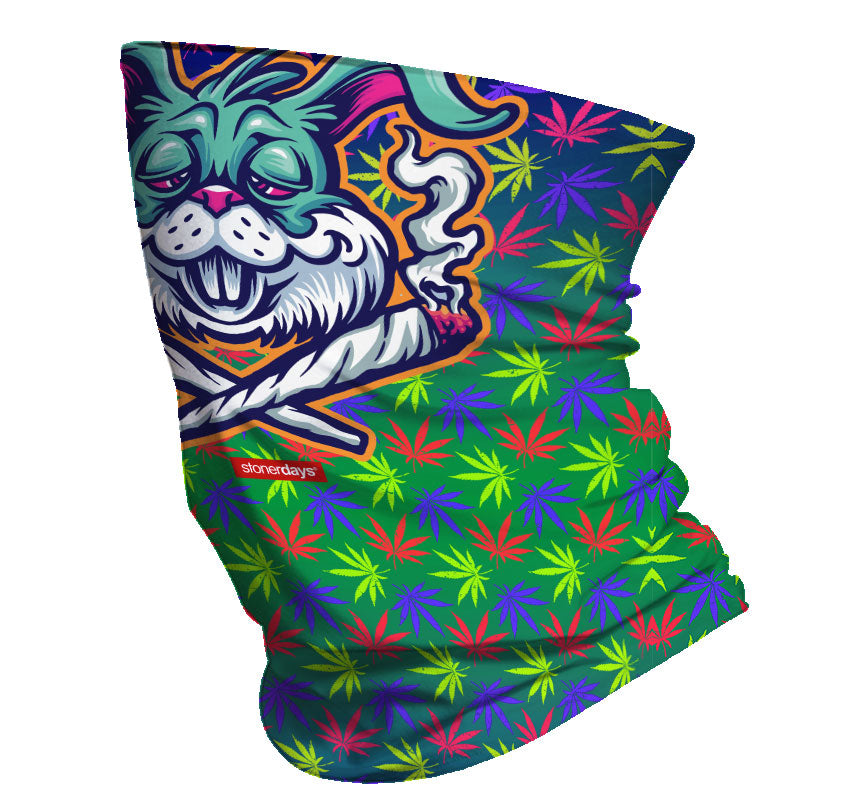 StonerDays Budz Bunny Neck Gaiter featuring vibrant cannabis leaf design and UV reactive colors