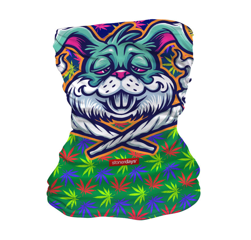 StonerDays Budz Bunny Neck Gaiter featuring vibrant cannabis leaf design, front view on white background