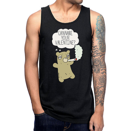 StonerDays men's black cotton tank top with 'Cannabe Your Valentine?' print, front view on model
