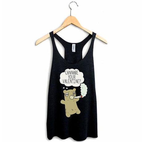 StonerDays black racerback tank top with "Cannabe Your Valentine?" print, hanging on wooden hanger