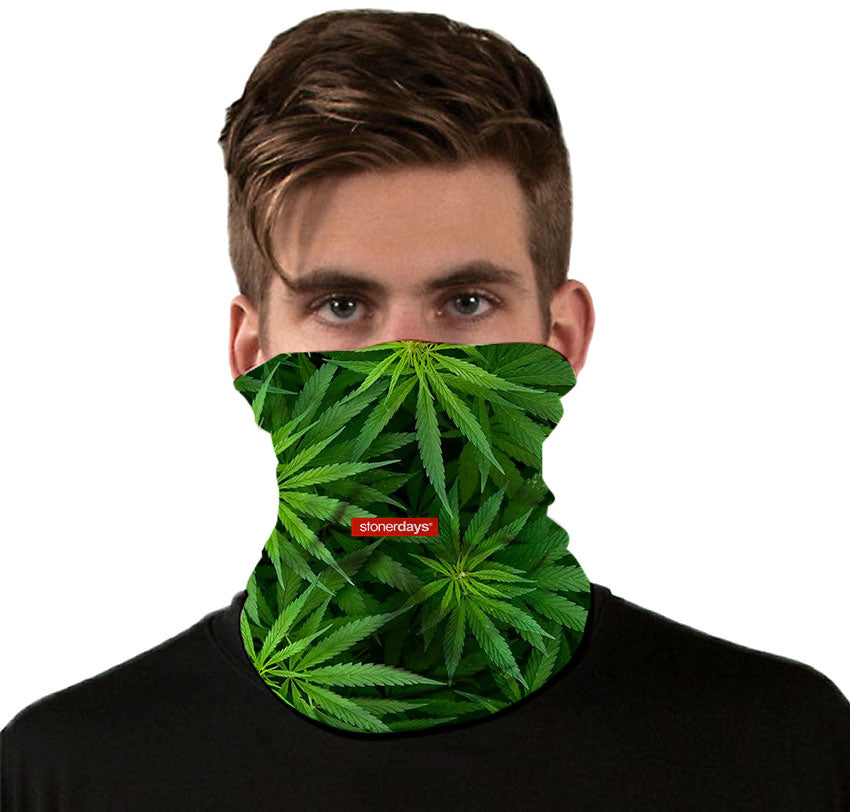 StonerDays Cannabis Leaves Neck Gaiter, front view on model, vibrant green leaf design