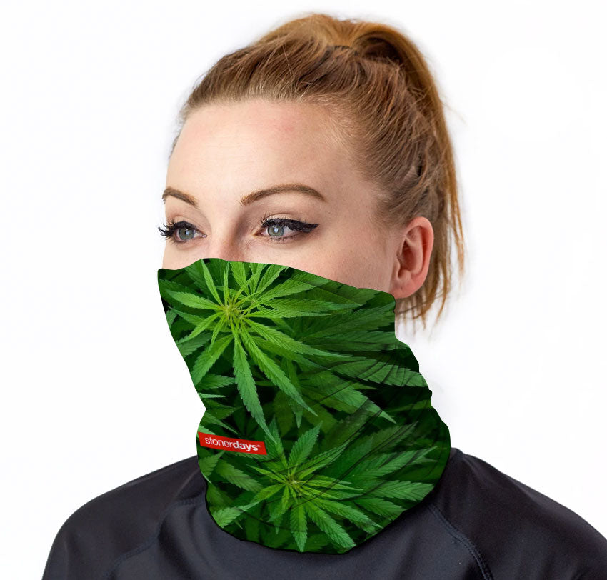 StonerDays Neck Gaiter with Cannabis Leaves Design, Front View on Model
