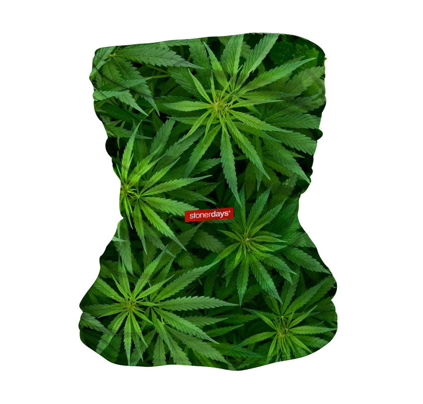 StonerDays Cannabis Leaves Neck Gaiter in vibrant green, front view on white background