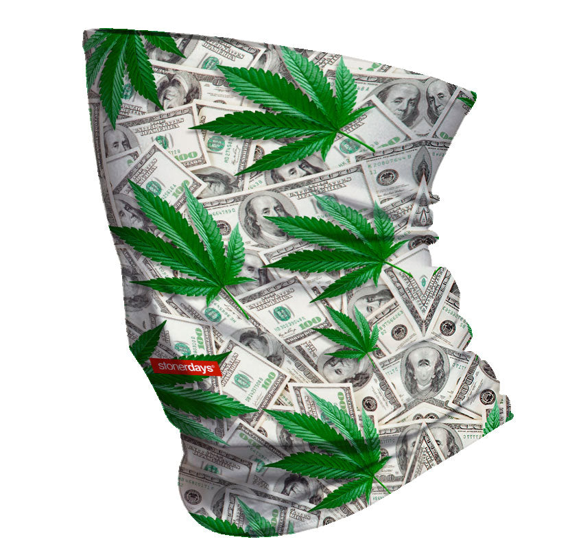 StonerDays Cash Money Neck Gaiter featuring green cannabis leaves on a dollar bill background