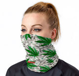 StonerDays Cash Money Neck Gaiter with cannabis leaf design, worn by model, front view