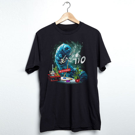 StonerDays Caterpillar black cotton T-shirt with vibrant graphic, front view on hanger
