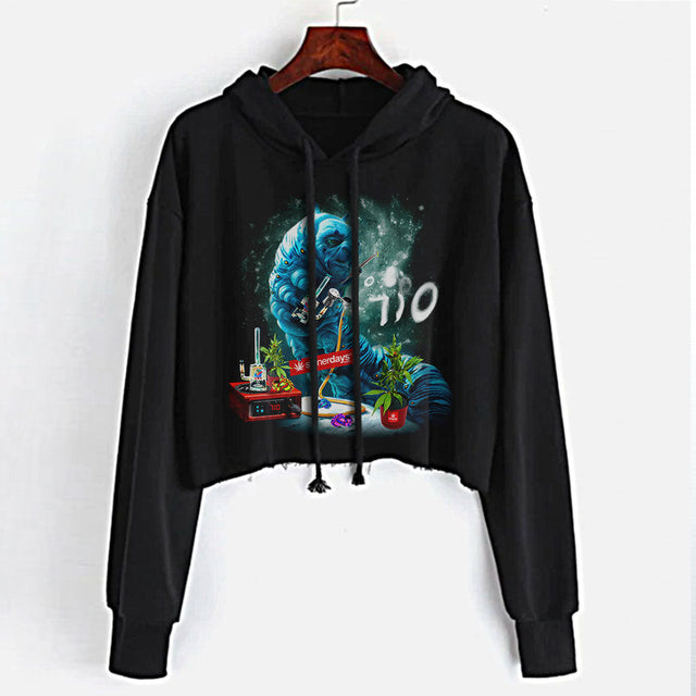 StonerDays Caterpillar Crop Top Hoodie for Women, Black with Vibrant Print, Sizes S-XL