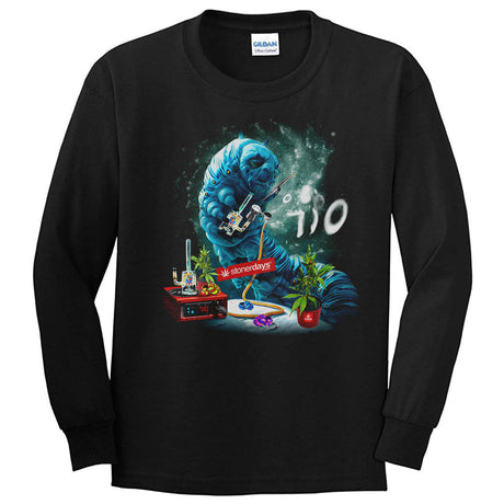 StonerDays Caterpillar Long Sleeve Shirt in Black, featuring vibrant graphic print, available in multiple sizes.