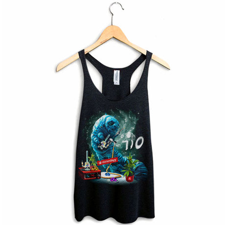 StonerDays Caterpillar Women's Racerback Tank Top in Black, Sizes S-XXL, Front View on Hanger