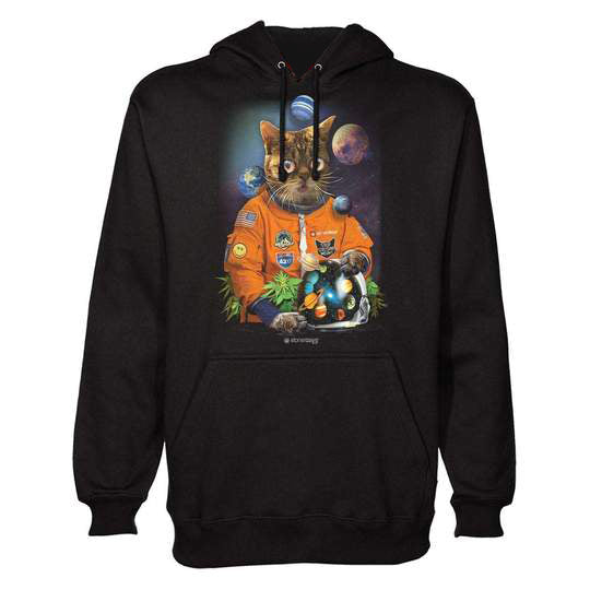 StonerDays Catstronaut Hoodie front view featuring cosmic cat graphics, ideal for men's casual wear