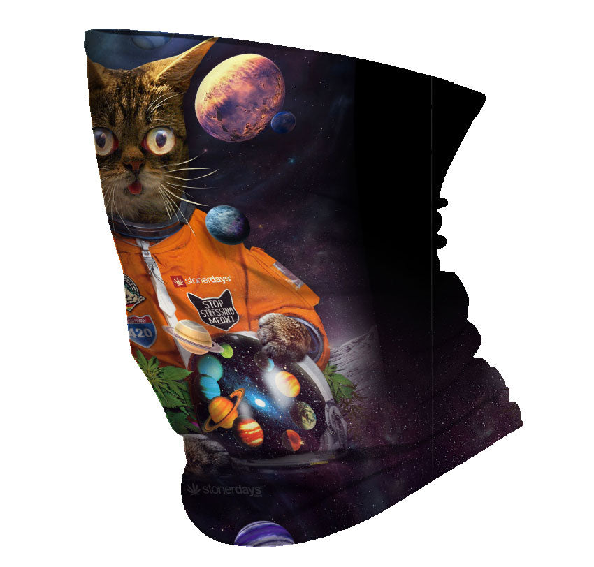 StonerDays Catstronaut Neck Gaiter featuring a cosmic cat in space suit design, made of polyester