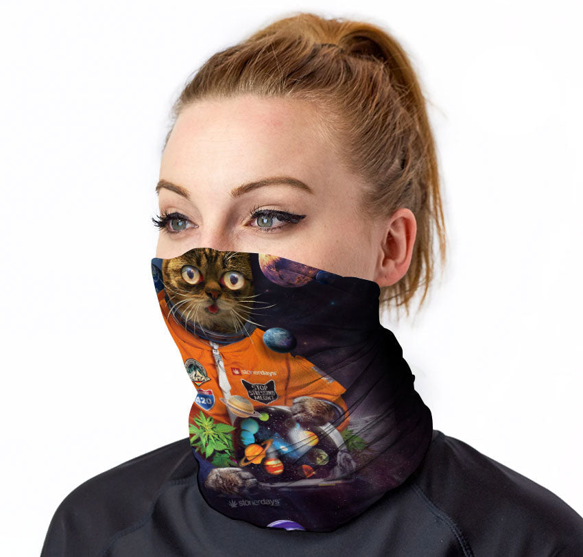 StonerDays Catstronaut Neck Gaiter featuring space-themed cat design, front view on model