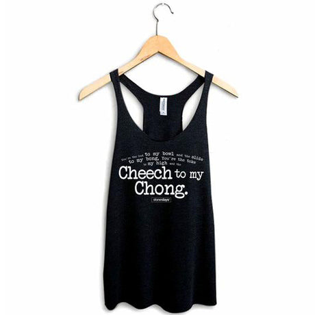 StonerDays Cheech To Chong Racerback tank top, black, cotton blend, front view on hanger