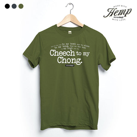StonerDays Cheech To My Chong green hemp tee hanging on wooden hanger, front view