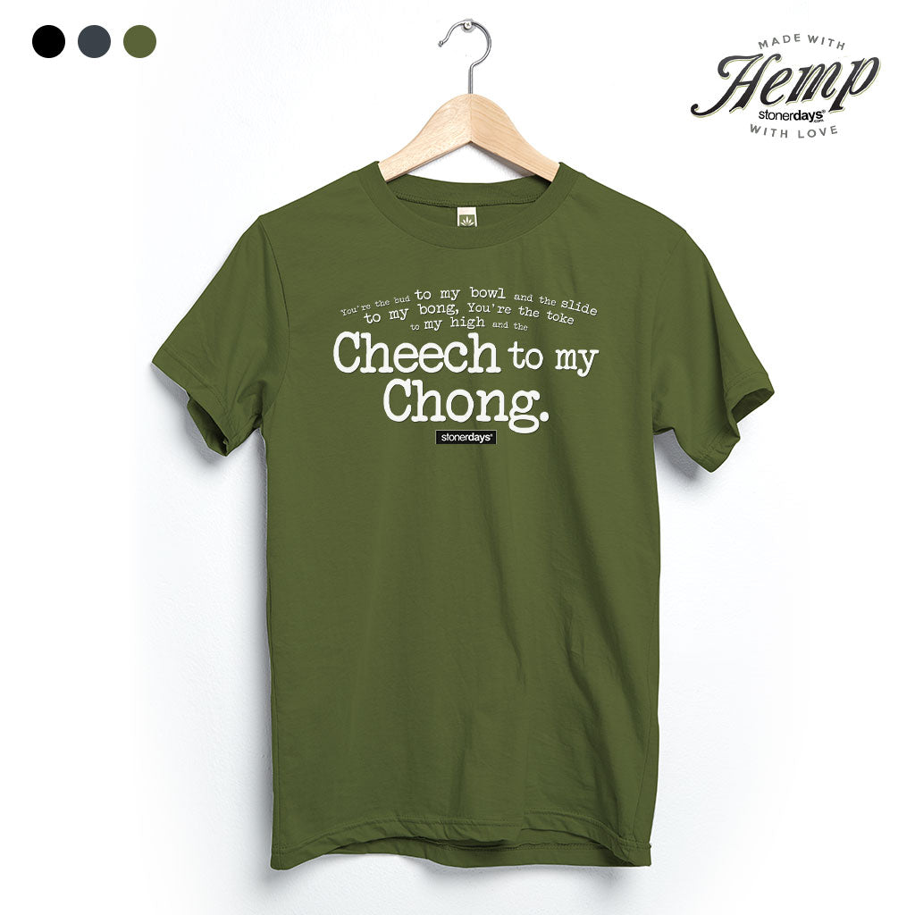 StonerDays Cheech To My Chong green hemp tee hanging on wooden hanger, front view