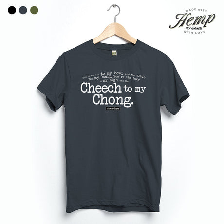 StonerDays Cheech To My Chong Hemp T-shirt in Grey, Unisex, Front View on Hanger