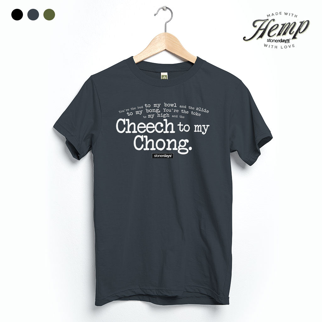 StonerDays Cheech To My Chong Hemp T-shirt in Grey, Unisex, Front View on Hanger