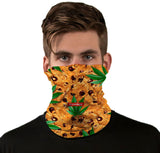 StonerDays Chocolate Chip Cookies Face Mask with cannabis leaf design, front view on model