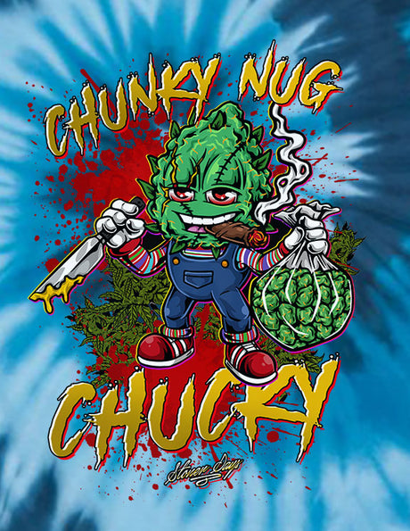 StonerDays Chunky Nug Chucky t-shirt with blue tie-dye design, front view on white background