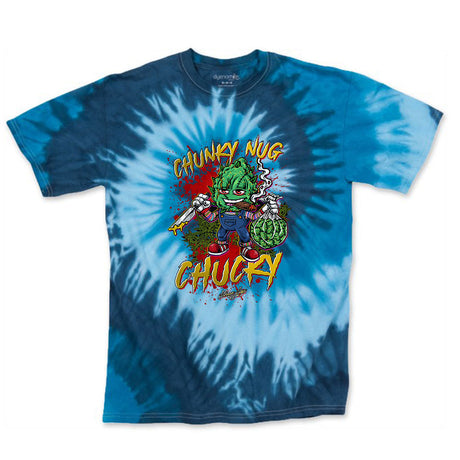 StonerDays Chunky Nug Chucky t-shirt in blue tie-dye with vibrant graphic print, front view.