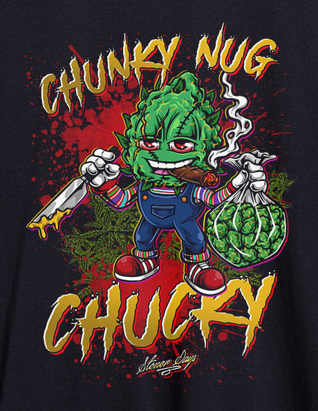 StonerDays Chunky Nug Chucky graphic on black crop top hoodie, front view on white background