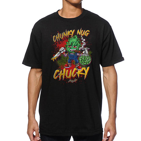 StonerDays Chunky Nug Chucky T-Shirt in black, front view on model, sizes S to 3XL