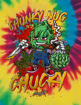 StonerDays men's tie-dye t-shirt with Chunky Nug Chucky graphic on vibrant background