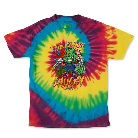 StonerDays Chunky Nug Chucky Tie Dye Tee in vibrant green, blue, and red colors, front view on white background