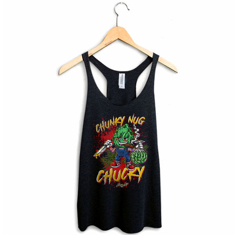 StonerDays women's racerback tank with Chunky Nug Chucky graphic, front view on hanger