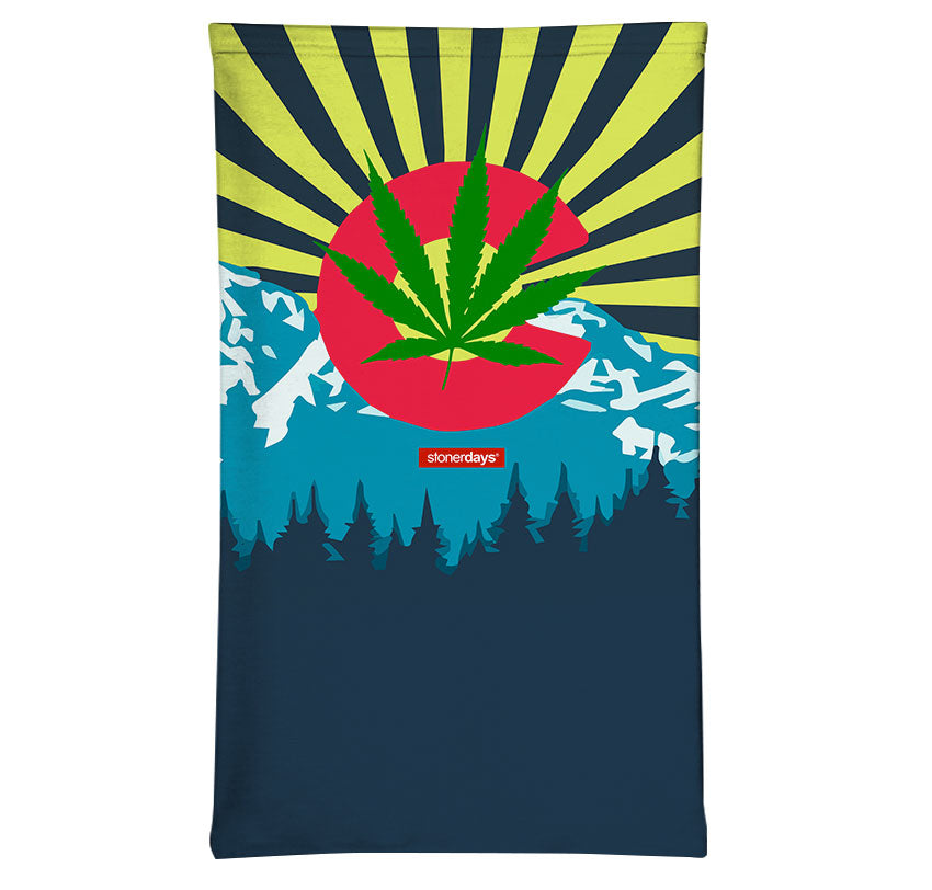 StonerDays Colorado Face Mask featuring vibrant cannabis leaf design and logo, made from polyester