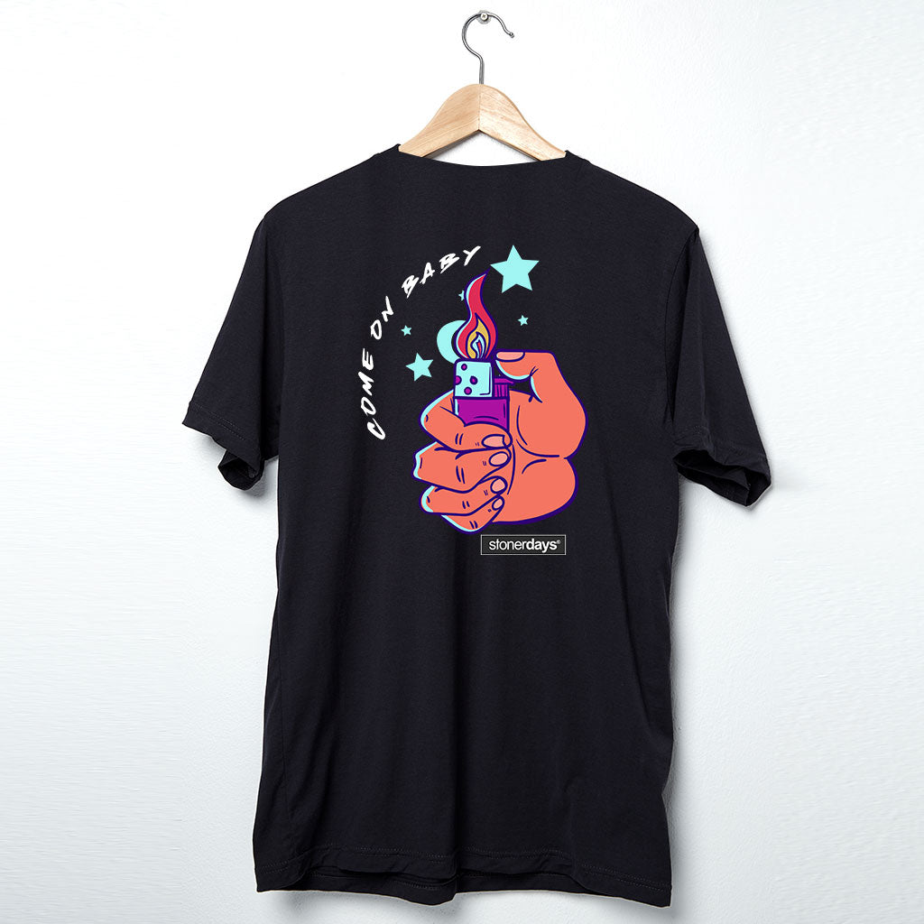 StonerDays 'Come On Baby' black cotton t-shirt with lighter graphic, front view on hanger