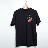 StonerDays Come On Baby men's black cotton t-shirt with cosmic hand graphic, front view on hanger