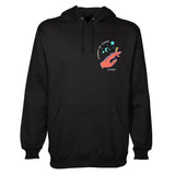 StonerDays Come On Baby Hoodie in black with cosmic hand design, front view on white background