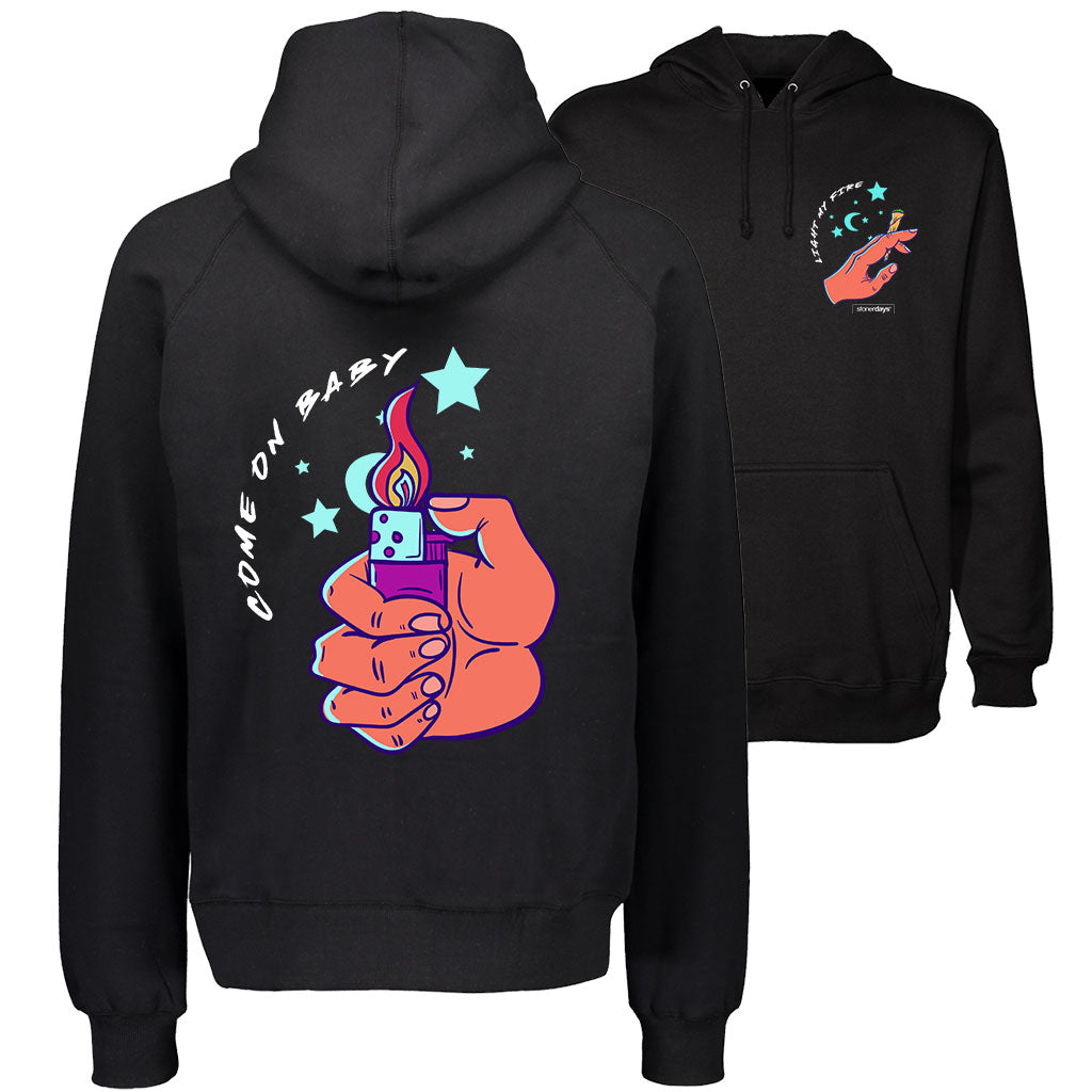 StonerDays Come On Baby Hoodie in black, sizes S-XXXL, front and side view with graphic print