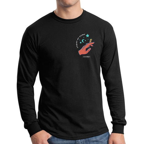 StonerDays Come On Baby Long Sleeve in black, front view on model, with graphic print