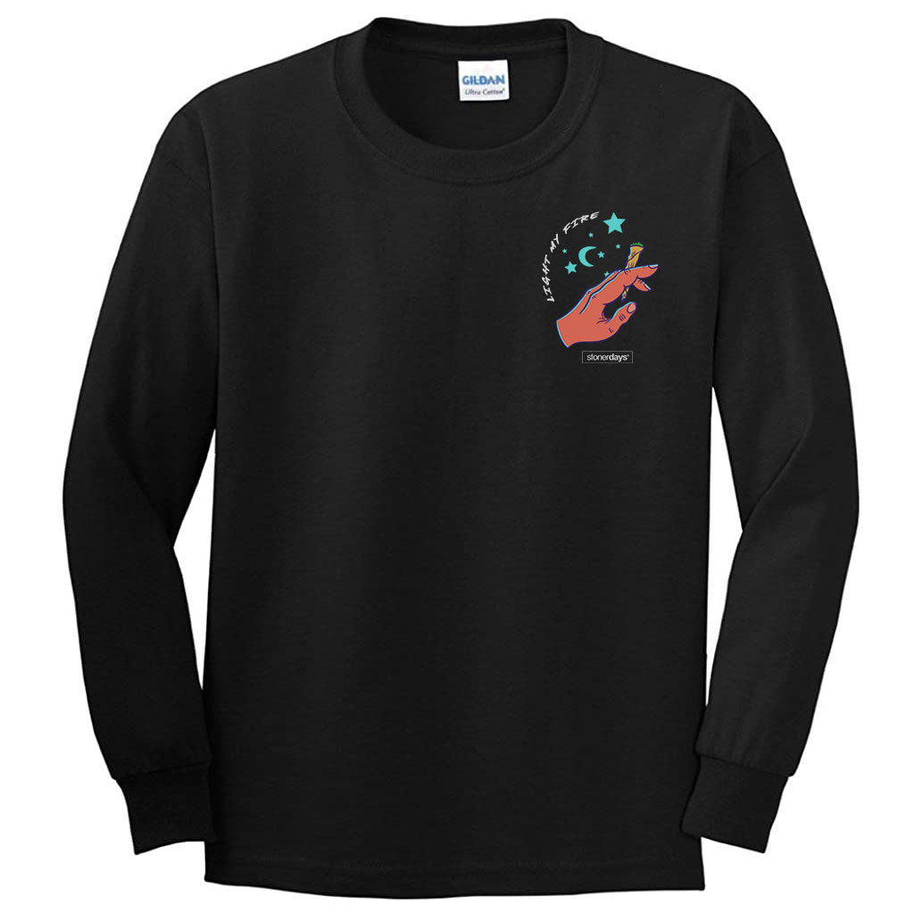 StonerDays Come On Baby Long Sleeve shirt in black, front view with graphic design