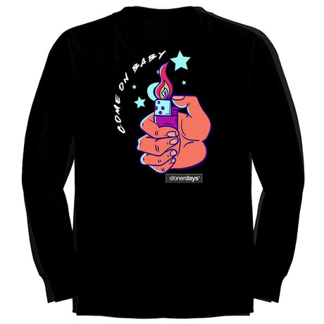 StonerDays Come On Baby Long Sleeve Shirt in Black, Front View, Sizes S-XXXL