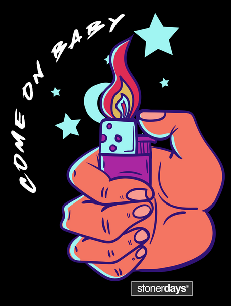 StonerDays Come On Baby Tank with vibrant graphic of a hand holding a lighter, cotton blend, front view