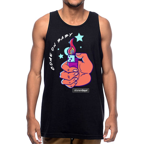 StonerDays Come On Baby Tank top in black, front view on male model, sizes S to 3XL