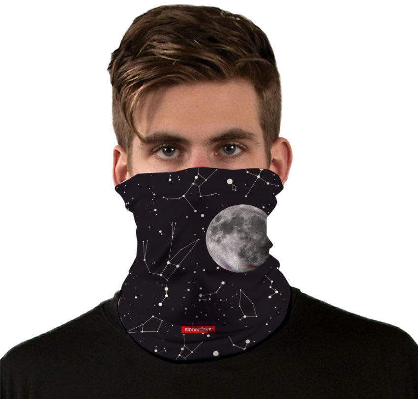StonerDays Constellations Neck Gaiter featuring space design, worn on male model, front view