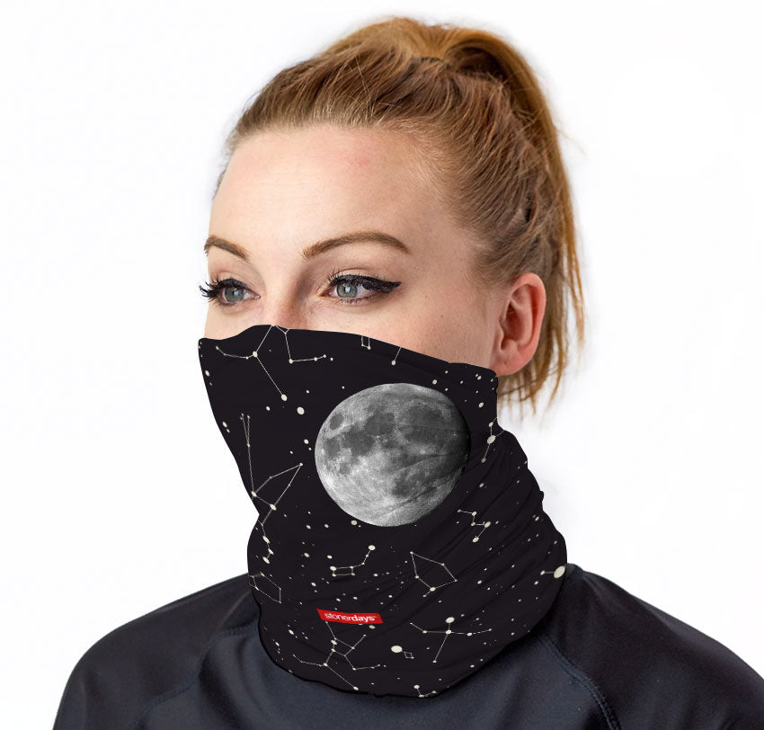 StonerDays Constellations Neck Gaiter featuring a cosmic design, worn by a model, front view