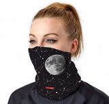 StonerDays Constellations Neck Gaiter featuring a cosmic design, worn by a model, front view