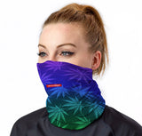 StonerDays Cool Buds Neck Gaiter featuring vibrant leaf design, worn by model, front view