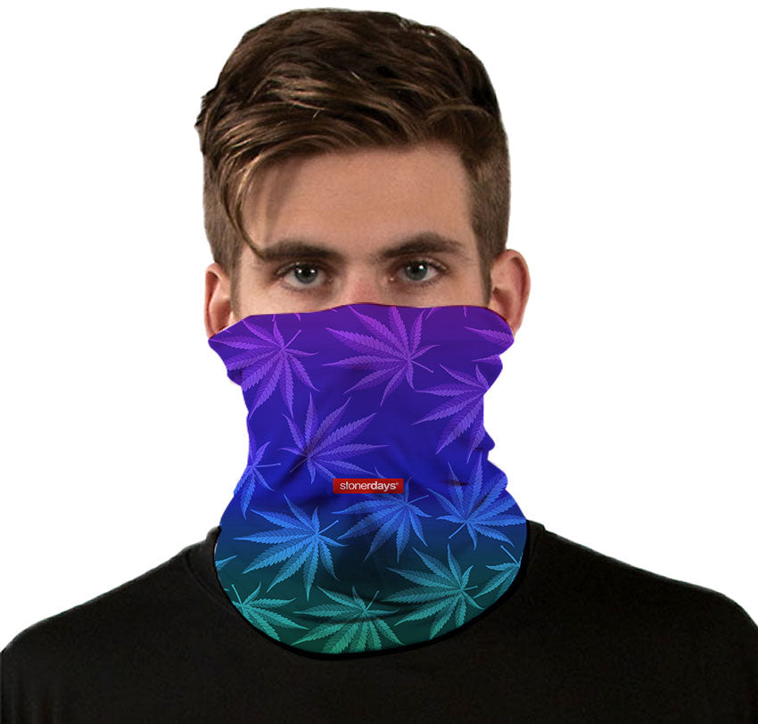 StonerDays Cool Buds Neck Gaiter featuring a vibrant leaf design, front view on model