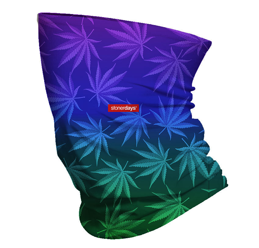 StonerDays Cool Buds Neck Gaiter featuring vibrant cannabis leaf design on a gradient background