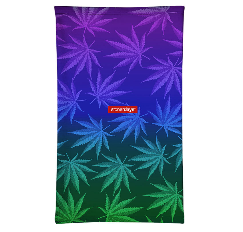 StonerDays Cool Buds Neck Gaiter featuring vibrant cannabis leaf design on polyester fabric, front view
