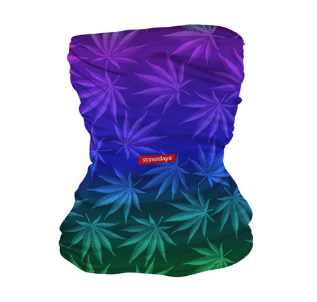 StonerDays Cool Buds Neck Gaiter featuring vibrant cannabis leaf design on polyester fabric