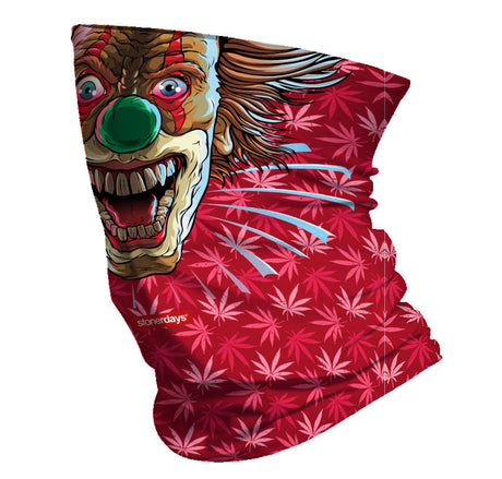 StonerDays Crazy Clown Neck Gaiter in red with cannabis leaf pattern, versatile headwear