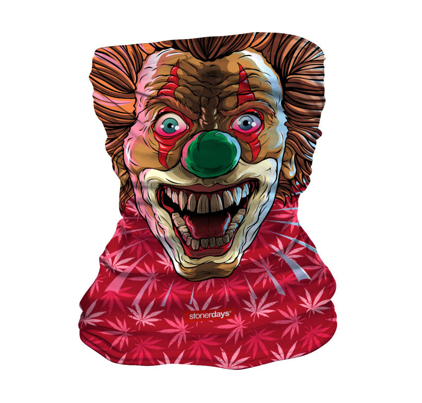 StonerDays Crazy Clown Neck Gaiter featuring vibrant clown design on red cannabis leaf background